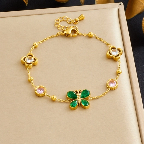 Gold Plated Stainless Steel Butterfly Flower Bracelet With Colorful Zircon Inlaid Adjustable Jewelry Gift For Women