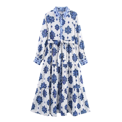 Langarm-Maxikleid Blau Weiß Floral Print Reverskragen Button-Up Hemdkleid Mit Bindegürtel Bohemian Urlaub