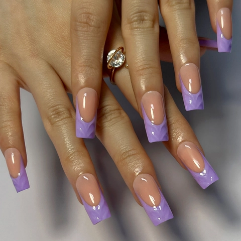 Lavender Purple 3D Water Ripple Press On Nails Long Square French Style Fake Nails For Women Manicure Art Decor