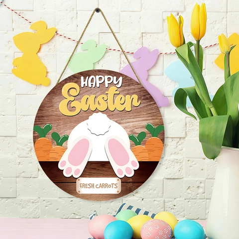 Targa Rotonda In Legno Per Porta Buona Pasqua Con Coniglio E Carote Decorazione Da Parete Rustica Per La Primavera