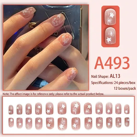 Star Pattern Press On Nails Short Square Shape Nude Pink Glossy Fake Nails With Glue For Women Daily Wear