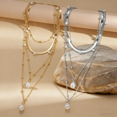Collier Multicouche Pour Femme Vintage Faux Künstliche Perle Pendentif Goutte D'eau Cuivre Fer Chaîne Serpent Collier Pull Bijoux Élégants