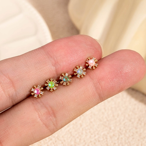 Flower Cartilage Stud Earring Stainless Steel Colorful Zircon Piercing Jewelry Screw Ball Back For Women