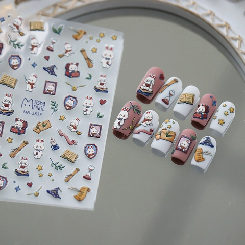 3D Embossed Nail Stickers Cartoon Rabbit Magic Academy Theme Frosted Adhesive Back DIY Manicure Decor