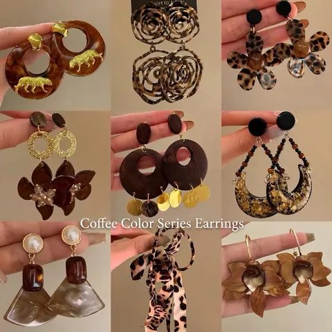 Orecchini Pendenti In Resina Geometrica Con 925 Sterling Silver Earring Post Retro Leopardo Ambra Fiore Donna