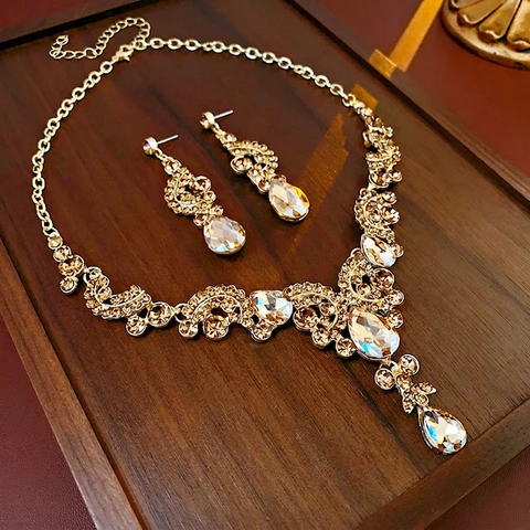 Collana E Orecchini In Lega Con Strass Vintage Champagne Goccia D'acqua Pendente Per Donna Gioielli Eleganti