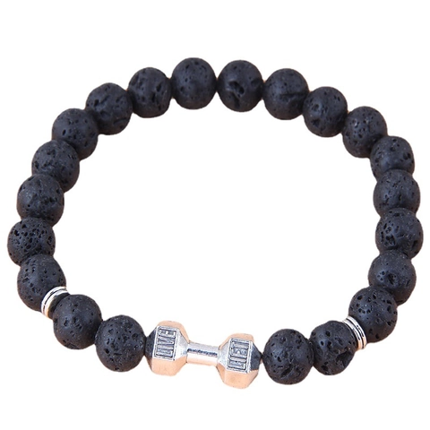 Natural Black Lava Stone Beaded Bracelet With Alloy Owl Skull Dumbbell Crown Leopard Head Charms Gothic Punk Unisex