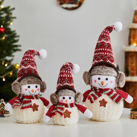 Christmas Snowman Plush Doll Knitted Hat Scarf Earmuff Desktop Ornament Holiday Home Window Display Nordic Style Decor