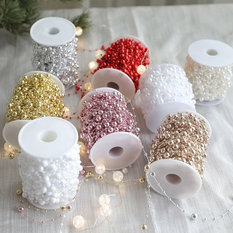 Christmas Bead Chain Garland Spool Plastic Artificial Pearl Bead Roll For Holiday Tree Wedding DIY Party Decoration Festive Craft