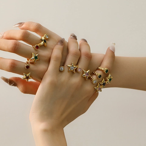 Anillo Ajustable Abierto Estrella Vintage Mujeres Acero De Titanio Circonita Cúbica Colorida Joyería De Moda