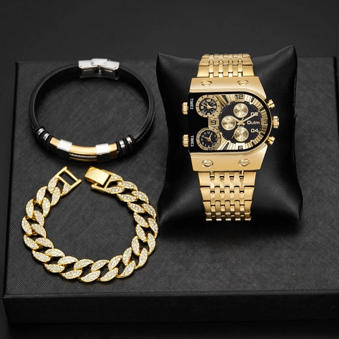 Oulm Men Multi Timezone Quartz Watch With Rhinestone Cuban Link Bracelet Cross Necklace Alloy Stainless Steel Collection