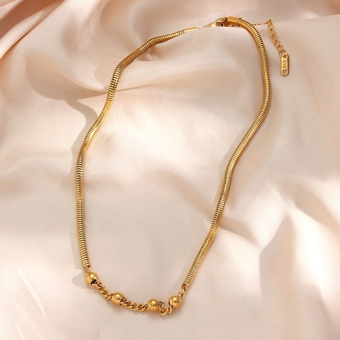 Juego de Joyas Minimalista de Acero Inoxidable Cadena de Serpiente Chapado en Oro Collar con Colgante de Cuentas de Metal y Pulsera para Mujer