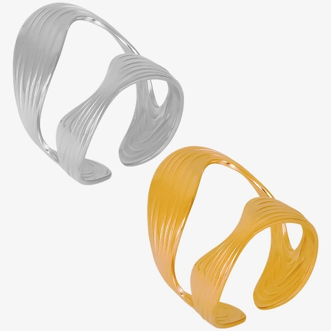 Minimalist 304 Stainless Steel Open Ring 18K Gold Plated Double Layer S-Shape Wave Design Adjustable Finger Ring For Women