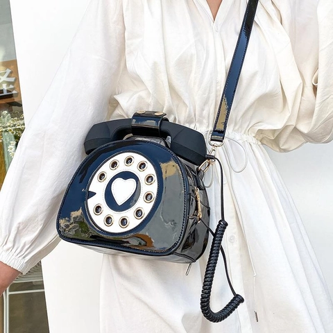 Women Creative Retro Telephone Shape Crossbody Bag PU Patent Leather Quirky Y2K Sweet Handbag Heart Dial Design