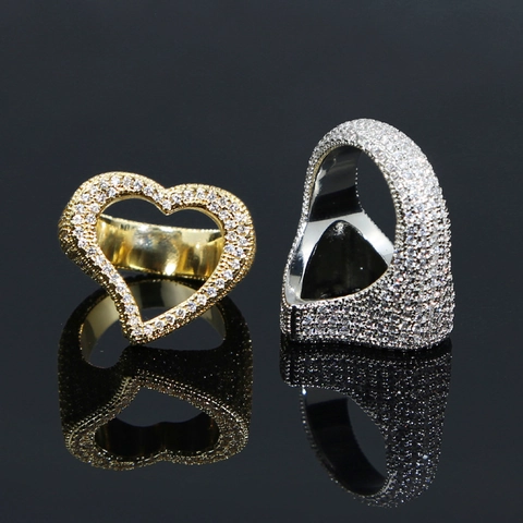 Bague Cœur Évidé En Cuivre Avec Zircon Iced Out Bijoux Mode Hip Hop Pour Hommes Et Femmes