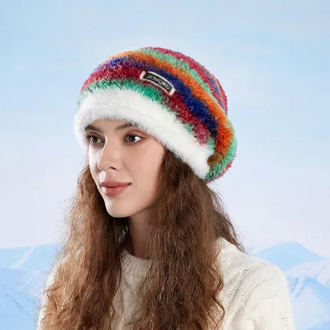 Winter Beanie Hat For Women Faux Fur Gradient Striped Knitted Plush Slouchy Warm Outdoor Windproof Cold Weather