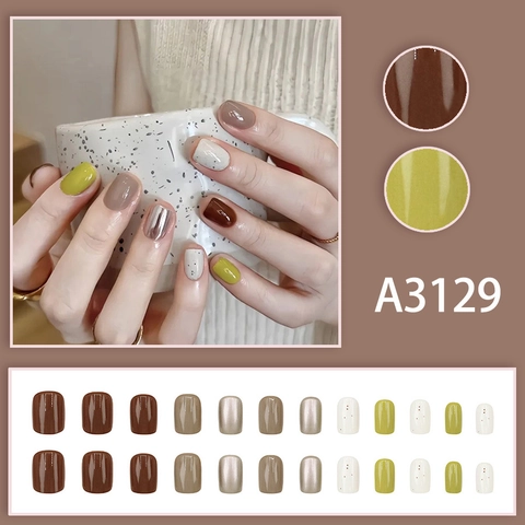 Glossy Press On Nails Short Square Round Shape Lime Green Coffee Brown Silver Mirror White Spotted Minimalist Style