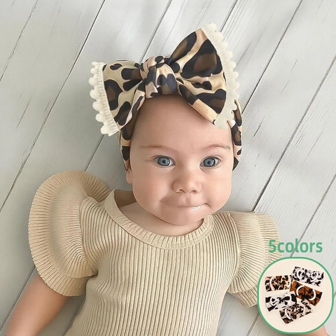 Baby Headband Polyester Leopard Cow Print Bow With Pom-Poms Elastic Soft Hair Accessory For Toddler Girls