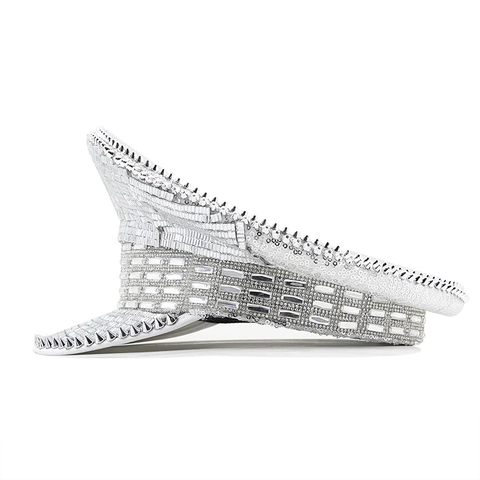 Silver Sequin Rhinestone Captain Hat Punk Studded Rivet Stage Performance Party Carnival Women Sparkly Glam