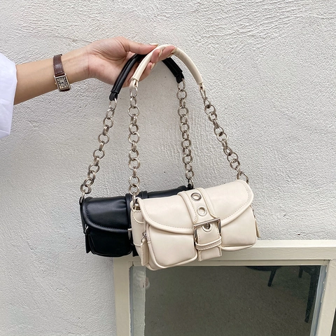 Sac Sous le Bras en Cuir PU Vintage pour Femmes Mode Chaîne à Anneaux Ronds Sac à Bandoulière Tendance Petit Sac à Main Baguette pour le Trajet Quotidien