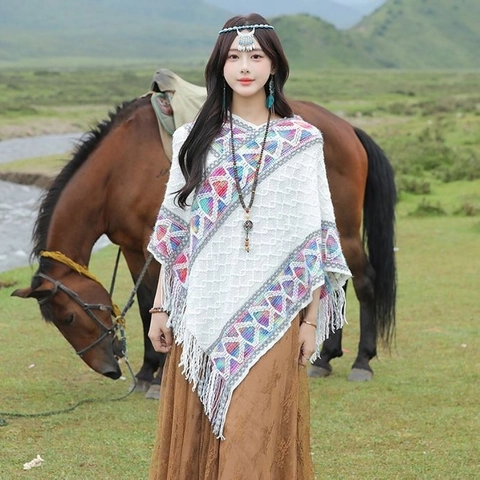 Damen Ethno Gestrickt Überwurf Poncho Schultertuch Mit Quasten Regenbogen Geometrisch Gestreift Warm Acryl Reise Cape