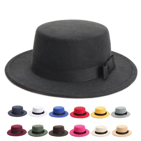 Chapeau Canotier Style Britannique Vintage Calotte Plate Feutre Jazz Fedora Avec Ruban Gros-Grain Nœud Élégant