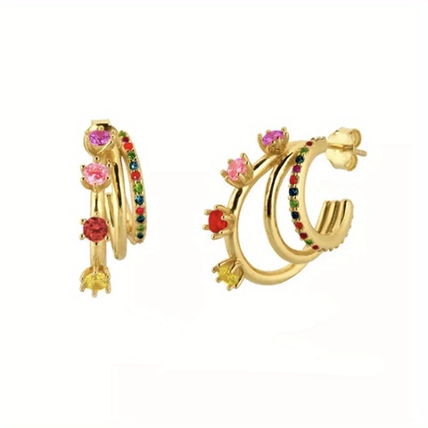 Colorful Zircon Hoop Earrings Copper Gold Plated Rainbow Ear Cuffs Stacking Jewelry For Women Bohemian Stylish