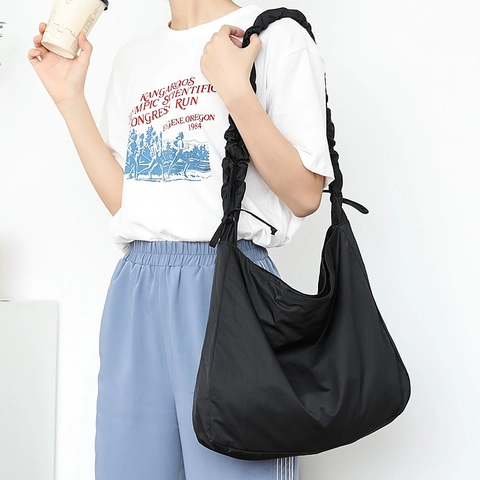 Bolso Bandolera Mujer Nailon Gran Capacidad Bolso Hobo Suave Con Correa Plisada Cordón Estilo Casual