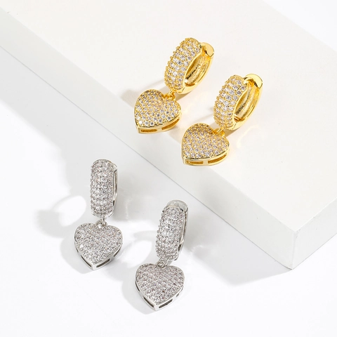 Elegant Heart Dangle Hoop Earrings Copper Gold Plated Pavé Zircon Fashion Jewelry For Women