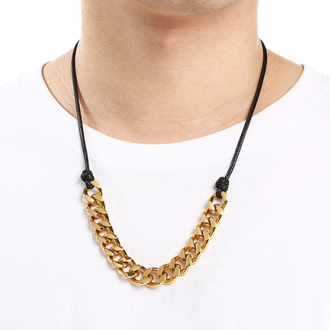 Men Cuban Chain Necklace Stainless Steel Spliced Wax Rope Adjustable Handmade Casual Hip Hop Jewelry Unisex
