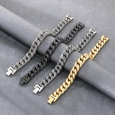 Pulsera De Cadena Cubana Grabada Para Hombres Acero Inoxidable Retro Punk Gótico Patrón Tallado Joyería
