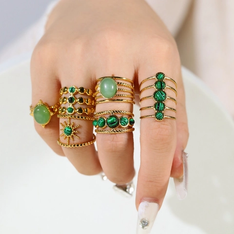 Vintage 18K Vergoldeter Edelstahl Offener Ring Grüner Malachit Naturstein Verstellbarer Schmuck Für Damen