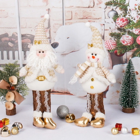 Christmas Santa Claus Snowman Plush Doll Gold White Knitted Long Leg Sitting Figurine Home Festive Decoration Ornament