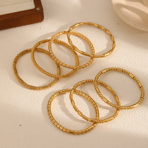 Bracciale Rigido Vintage Placcato Oro 18K Acciaio Inossidabile Texture Bambù Perline Tonde Design Geometrico Gioielli Donna