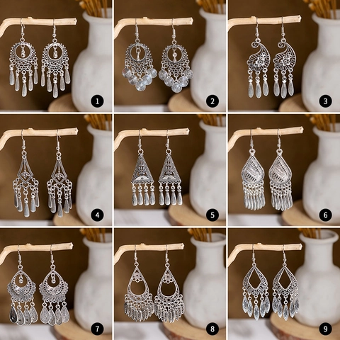 Retro Ethnic Bohemian Zinc Alloy Tassel Drop Earrings With Stainless Steel Earring Post Vintage Hollow Out Dangle Jewelry