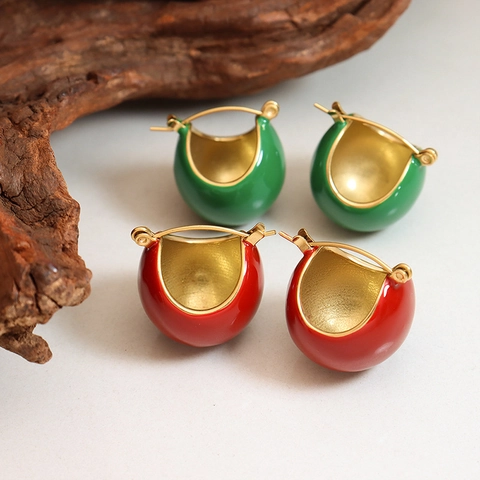 Chunky Hoop Oorbellen Titanium Staal Emaille Druppel Olie C-Vorm Mode Rood Groen Kerst Sieraden Voor Dames