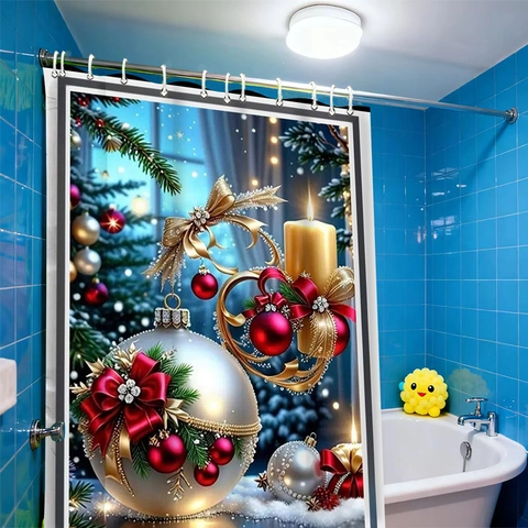Christmas Shower Curtain Polyester Waterproof Fabric Bathroom Decor With Hooks 3D Festive Print Winter Holiday Pattern