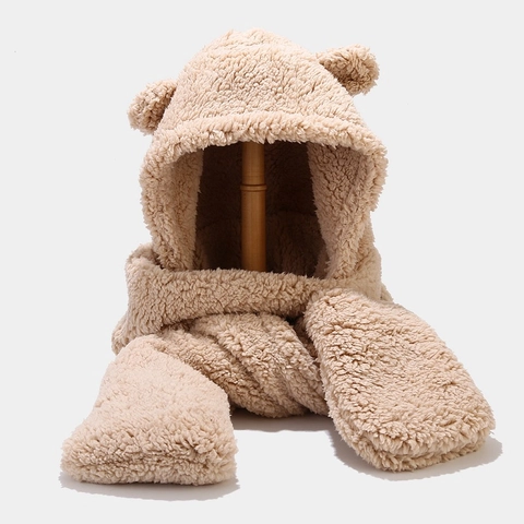 Lindo Conjunto Integrado de Gorro Bufanda y Guantes de Peluche con Orejas de Oso Cálido Sherpa con Capucha para Mujer