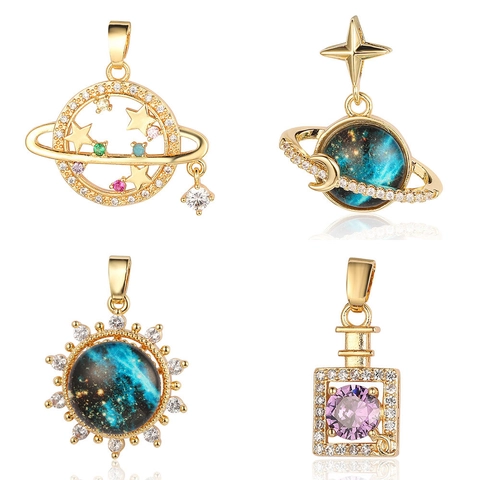 Himmelskörper Planet Mond Stern Sonne Böser Blick Hamsa Hand Anhänger Kupfer Zirkonia Emaille Anhänger Für Schmuck Frauen