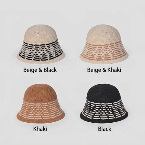 Women Knitted Bucket Hat Warm Polyester Rhombic Jacquard Vintage Foldable Basin Hat Autumn Winter Versatile Accessories