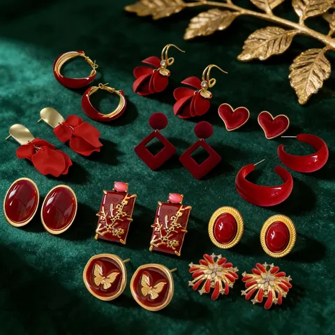 Orecchini Vintage In Lega Rosso Oro Con Perno In Argento Strass Fiore Cuore Gioielli Festivi Geometrici Per Donne