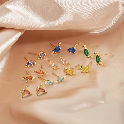 Cartoon Dinosaur Stud Earrings For Women Colorful Cubic Zirconia Animal Gold Plated Copper Cute Jewelry Gift