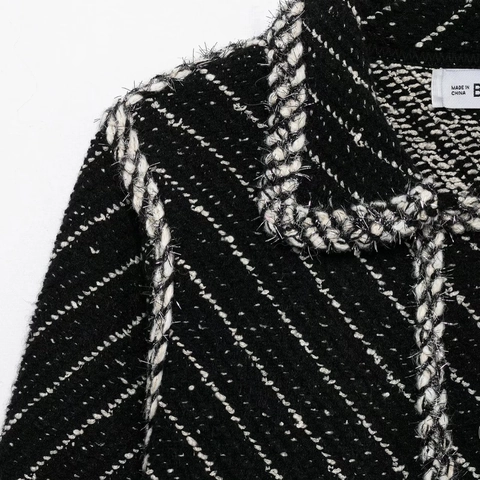 Damen Jacke Und Minirock Tweed Strick Langarm Revers Geflochtene Besätze Schwarz Weiß Karo Elegant Büro Outfit