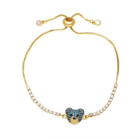 Bear Head Pendant Bracelet Gold Plated Copper Adjustable Slider Clasp With Micro Inlaid Zircon Cute Jewelry For Women