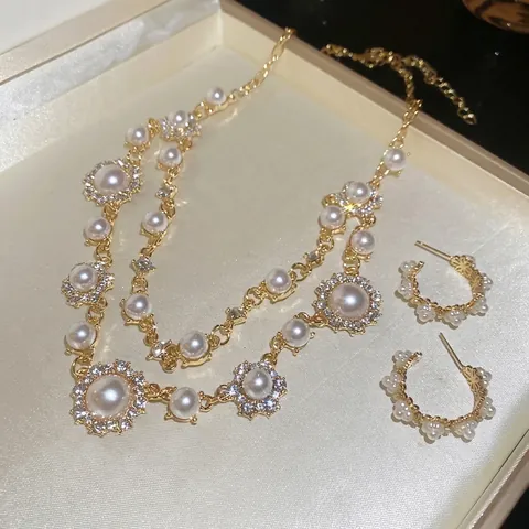 Collar De Doble Capa Perlas Artificiales De Imitación Diamantes De Imitación Pendientes De Racimo En C Con Poste De Plata Joyería Elegante Estilo Francés Mujer Aleación