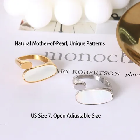 Anillo Ovalado Geométrico Acero Titanio Chapado Oro 18K Nácar Blanco Ajustable Abierto Joyería Mujer