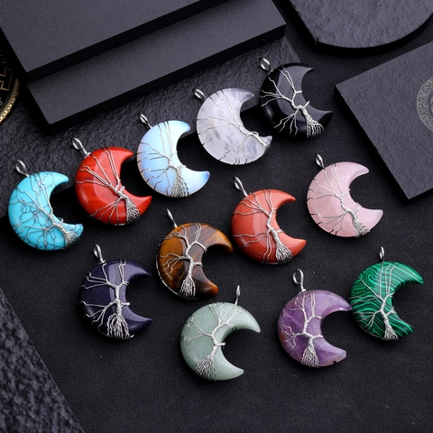 Tree Of Life Wire Wrapped Crescent Moon Pendant Necklace Natural Crystal Stone Healing Jewelry For Women