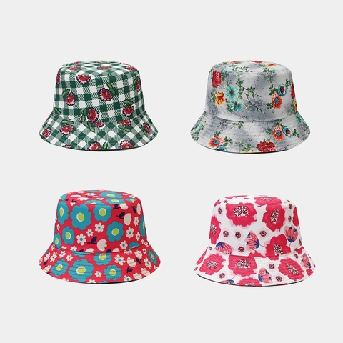 Reversible Floral Print Bucket Hat Cotton Polyester Sun Protection Outdoor Summer Beach Pastoral Travel Sun Hat Women