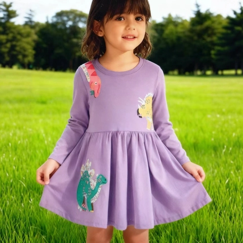 Vestito Maniche Lunghe Bimba Cotone Viola Ricamo Dinosauro Outfit Principessa Casual Carino