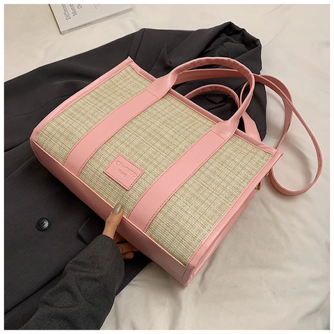 Sac Fourre-tout Femme en Paille Tissée Design d'Été Contrasté en Cuir PU Grande Capacité Sac à Bandoulière Simple Urbain